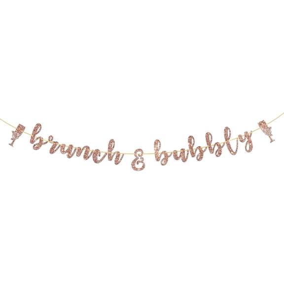 Rose Gold Glitter Brunch & Bubbly Banner with Champagne Glass Cutouts, Girls Bridal Shower Birthday Mimosa Party Table Garland Decor