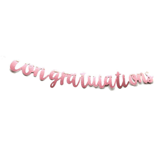 Rose Gold Glitter Congratulations Banner, Cursive Script Style, Party Decoration
