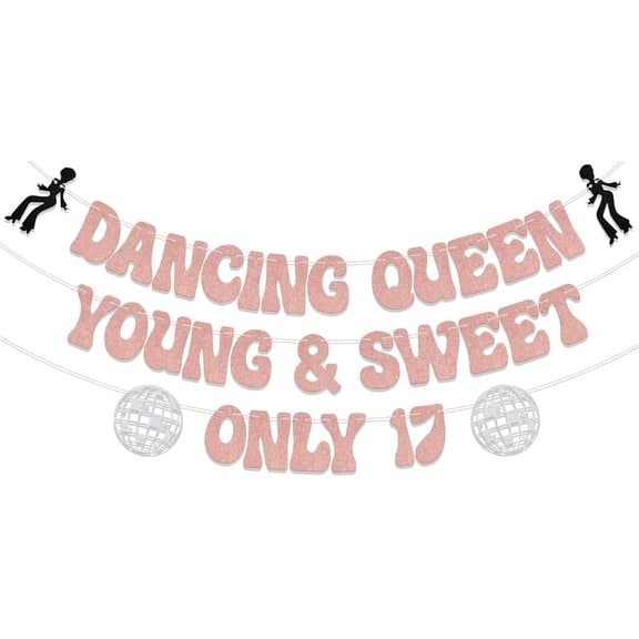 Rose Gold Glitter Dancing Queen 17th Birthday Banner, 2.5" x 4.3" Disco Theme Party Decoration