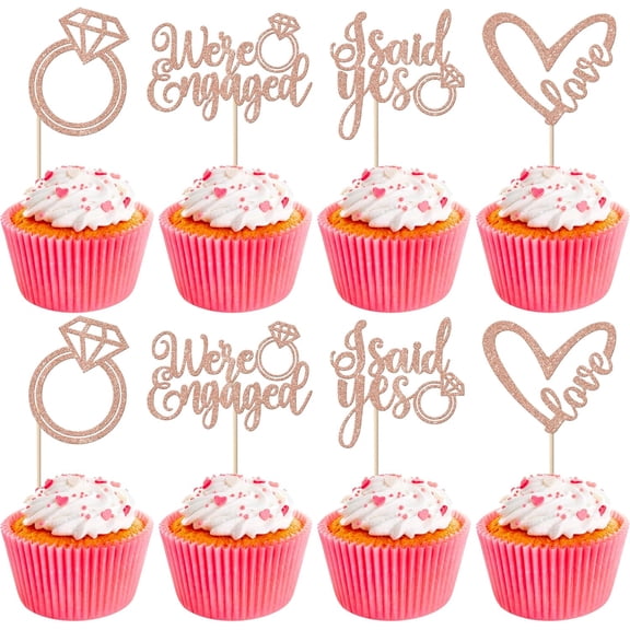 Rose Gold Glitter Engagement Cupcake Toppers, We're Engaged, I Said Yes, Love Heart, Diamond Ring, 12 Pack