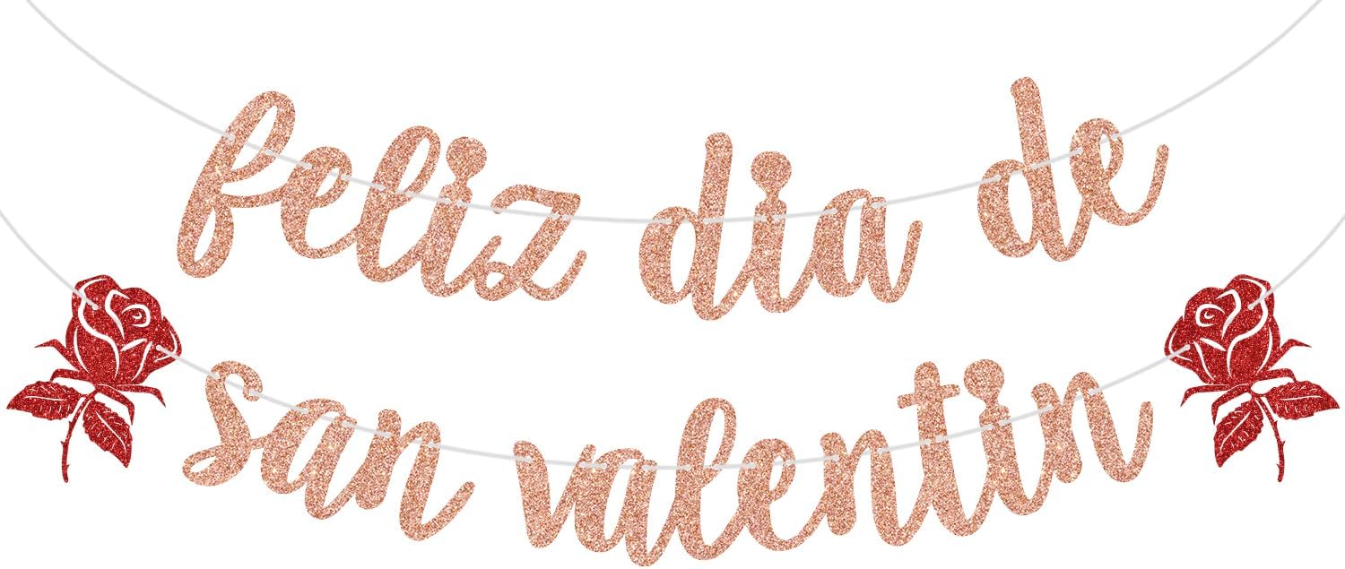 Rose Gold Glitter Feliz Dia De San Valentin Banner, Happy Valentine's Day/XOXOXO/Be Mine, Funny Valentine's Day Wedding Party Decorations Supplies