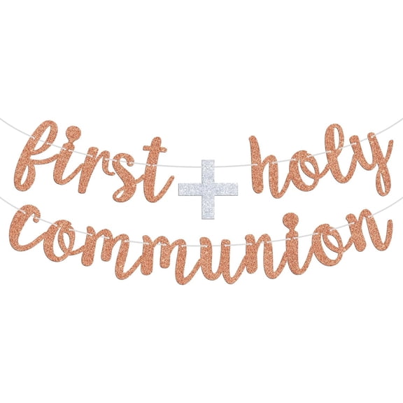 Rose Gold Glitter First Holy Communion Banner, Religious Communion Party Decorations, Christian Ceremony Wall Hanging Garland Decor