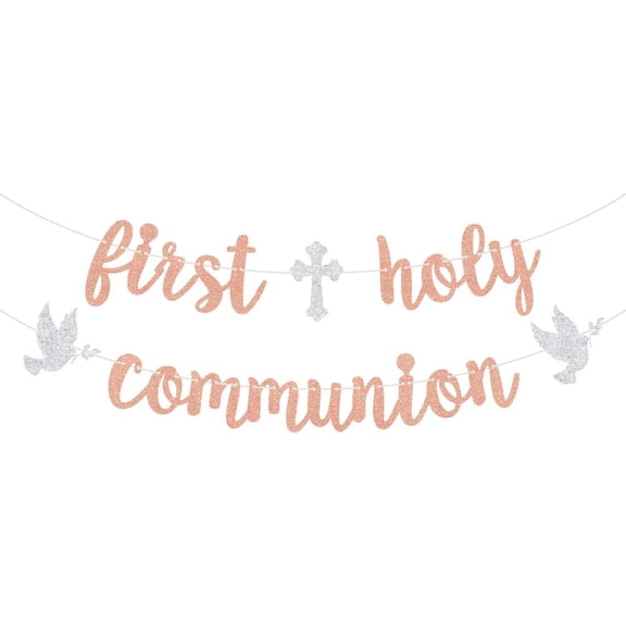 Rose Gold Glitter First Holy Communion Banner, Silver Cross & Dove Cutouts Cursive Garland, Pre-Strung Girls First Communion Religious Celebration Party Decor