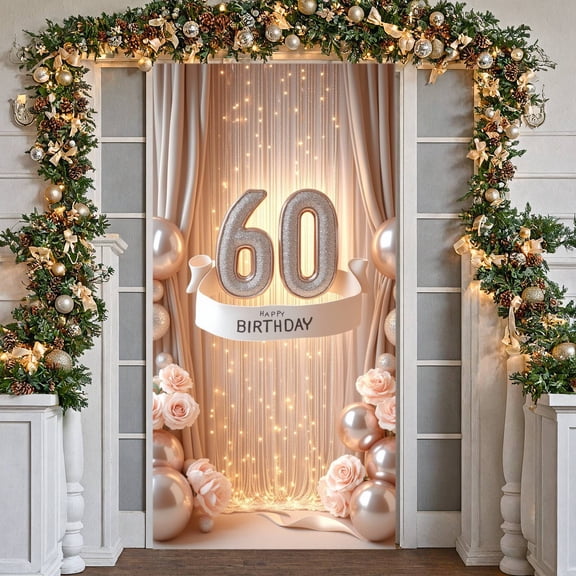 Rose Gold Glitter Happy 60 Birthday Banner Floral Decor 60th Birthday Display Metallic Balloon Birthday Backdrop for 60th Birthday Parties Indoor Milestone Celebrations Birthday Photo Shoots