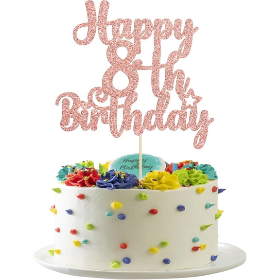 Rose Gold Glitter Happy 8th Birthday Cake Topper, Star Detail Cake Pick for 8th Birthday Celebration Cake Decor 1 Pack