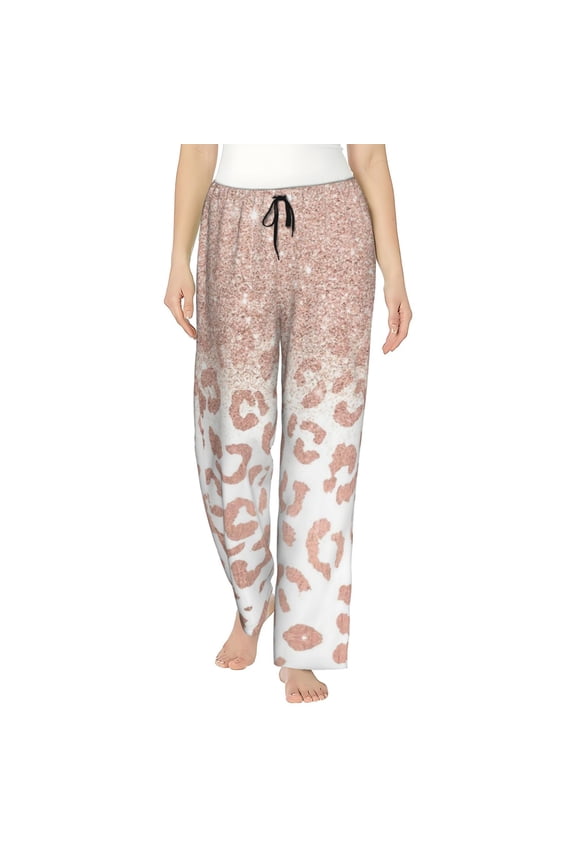 Rose Gold Glitter Ombre Leopard Print Women's Comfy Pajama Pants with Pockets,Soft Stretch Drawstring Lounge Pants, Soft Casual Wide Leg PJS Sleep Bottoms Medium