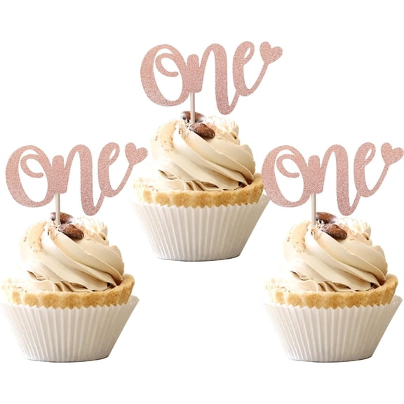 Rose Gold Glitter 'One' Cupcake Toppers for 1st Birthday, Baby Shower Party Decorations, 10 Pack