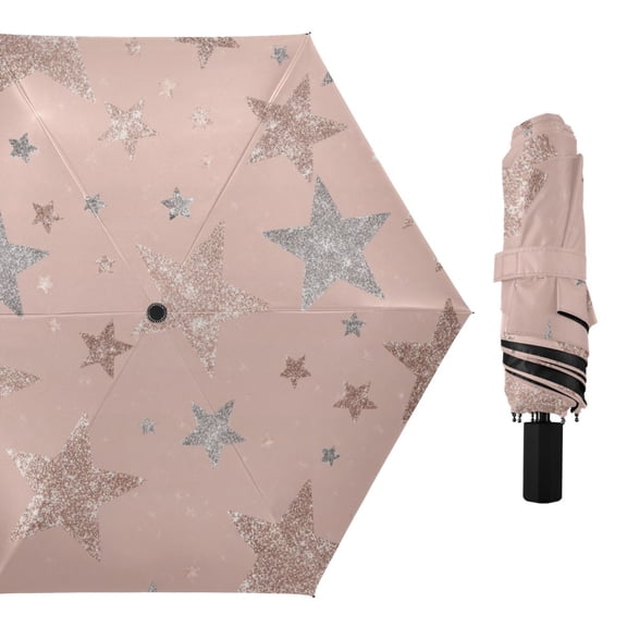 Rose Gold Glitter Stars All Weather Umbrella Triple Folding Parasol 6 Ribs UV Protection Portable
