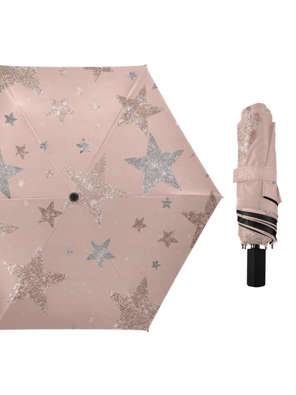 Rose Gold Glitter Stars All Weather Umbrella Triple Folding Parasol 6 Ribs UV Protection Portable