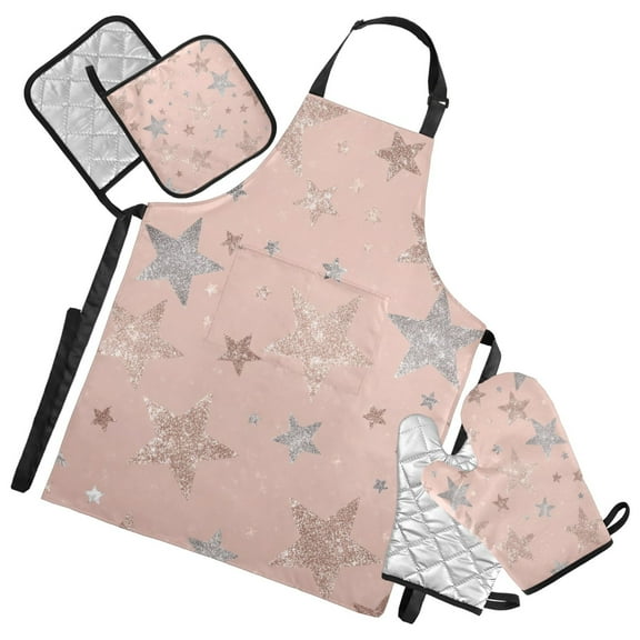 Rose Gold Glitter Stars Apron Set with Oven Mitts Pot Holders Set of 5 Kitchen Stuff Accessories
