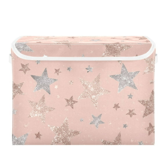 Rose Gold Glitter Stars Foldable Storage Bin with Lid and Handle Collapsible Storage Box 16.5 x 12.6 x 11.8 inches