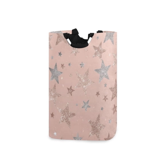 Rose Gold Glitter Stars Laundry Basket with Handles Foldable Laundry Hamper Freestanding Washing Bin 50L