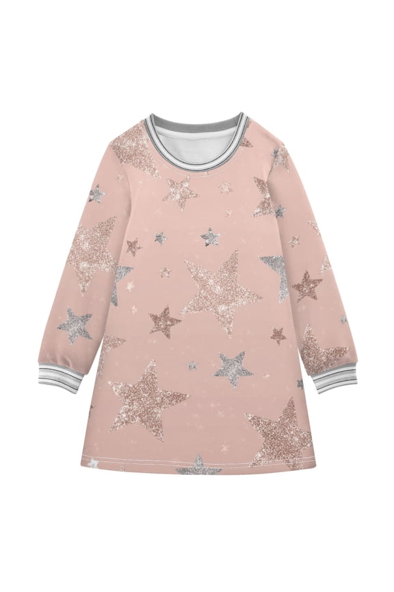 Rose Gold Glitter Stars Long-sleeved Dress A-line One-Piece Dress for 2-8 Years Casual Party 3T