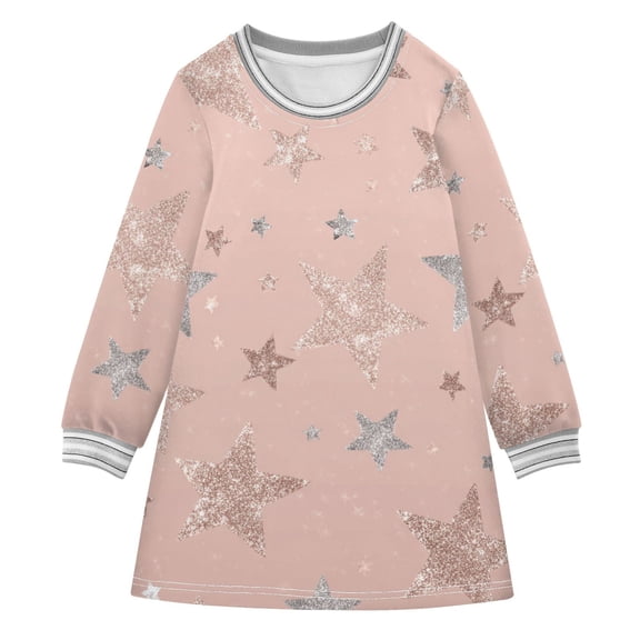 Rose Gold Glitter Stars Long-sleeved Dress A-line One-Piece Dress for 2-8 Years Casual Party 4T