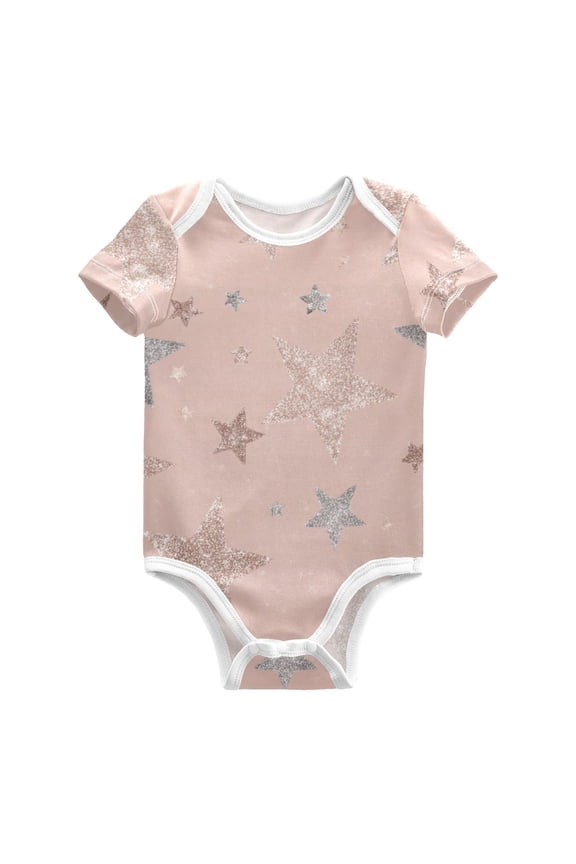 Rose Gold Glitter Stars Pure Cotton Bodysuit Short Sleeve Pajamas One-Piece Romper Unisex 6M