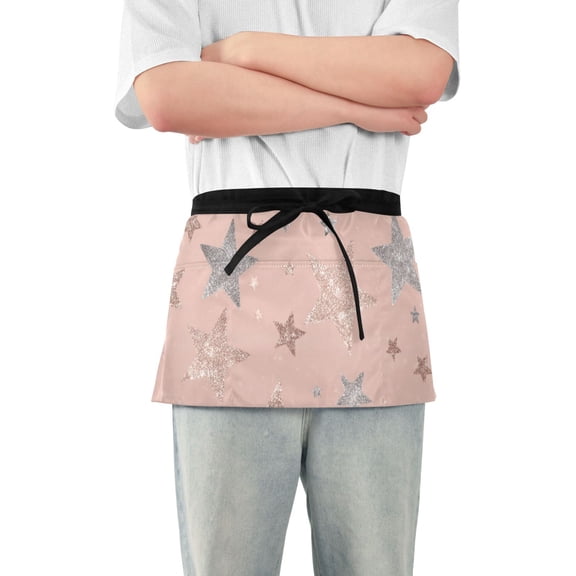 Rose Gold Glitter Stars Short Server Apron with 3 Pockets for Unisex Chef Gardening