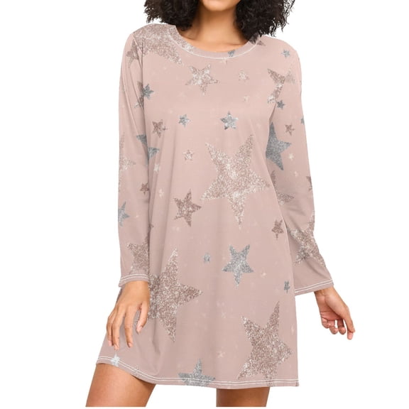 Rose Gold Glitter Stars Women's Long Sleeves Nightgowns Sleepwear Soft Pajama A-line Sleep Dress S