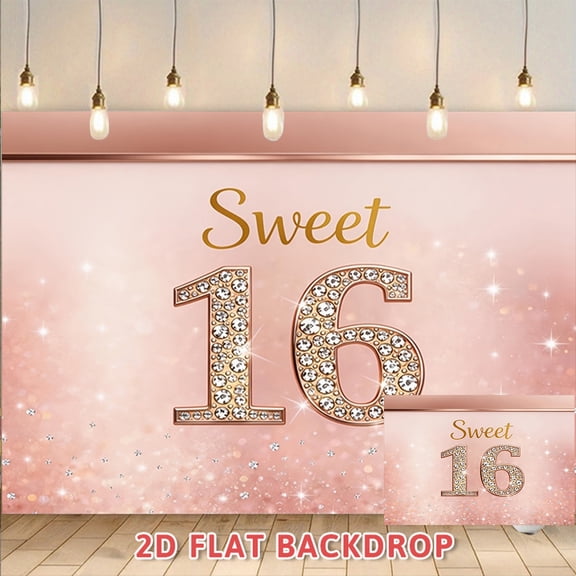 Rose Gold Glitter Sweet 16 Backdrop, Rhinestone Themed Photography Background Banner for 16th Birthday Party, Adult Ceremony, Banquet Decorations Photo Booth Props