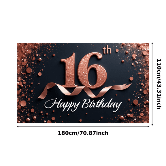 Rose Gold Glitter Sweet 16 Birthday Banner Decorative Design Event Backdrop for Birthday Celebration Teen Party