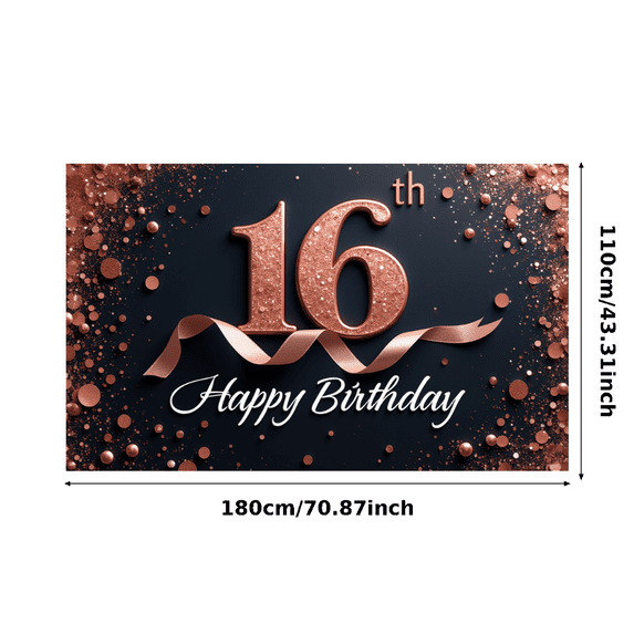 Rose Gold Glitter Sweet 16 Birthday Banner Decorative Design Event Backdrop for Birthday Celebration Teen Party