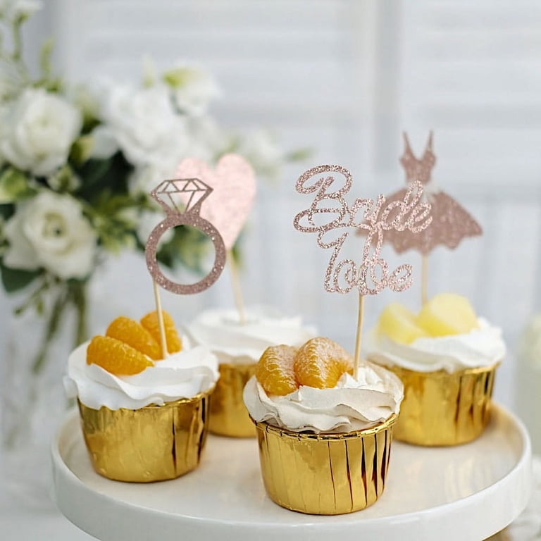 24 Rose Gold Glittered Bridal Shower Cake and Cupcake Toppers Set