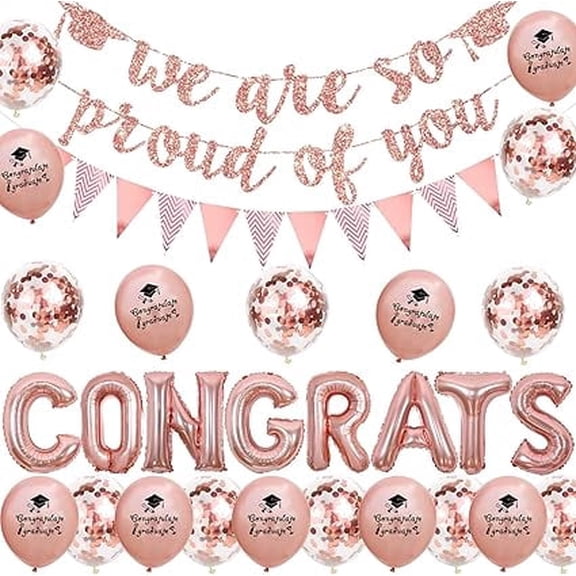 Rose Gold Graduation Party Decorations 2026 Include We Are So Proud Of You Banner, Rose Gold Triangle Bunting Garland, Congrats Foil Balloons, Congratulations Grad Well Done Party Decor