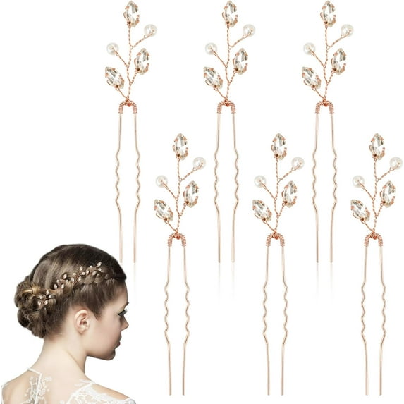Rose Gold Hair Pins for Wedding Hairstyles Bride Hair Clips 6 Pieces Wedding Hair Pieces for Brides Bridal Hair Accessories Prom Barrettes Pearl Rhinestone Flower Girl Hair Clip Bridesmaid Hair Clip