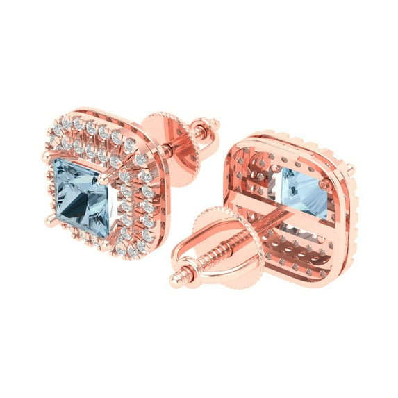 Rose Solid Solid Gold Halo Stud Everyday Dainty Earrings - 2.46 Ct Brilliant Princess Cut Studs Natural Swiss Blue Topaz 14K, Everyday Dainty Earrings Screw Back