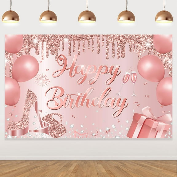 Cheereveal Rose Gold Birthday Backdrop 4.9x3.2ft Vinyl Photo Studio Background, Birthday, Pink