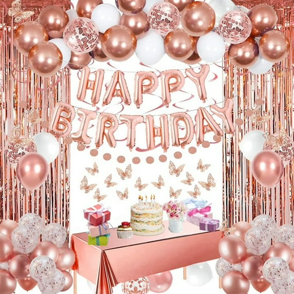 Rose Gold Happy Birthday Party Decorations for Women Girls, Happy Birthday Banner, Fringe Curtains, Foil Tablecloth, Confetti Balloons, Butterfly Decor