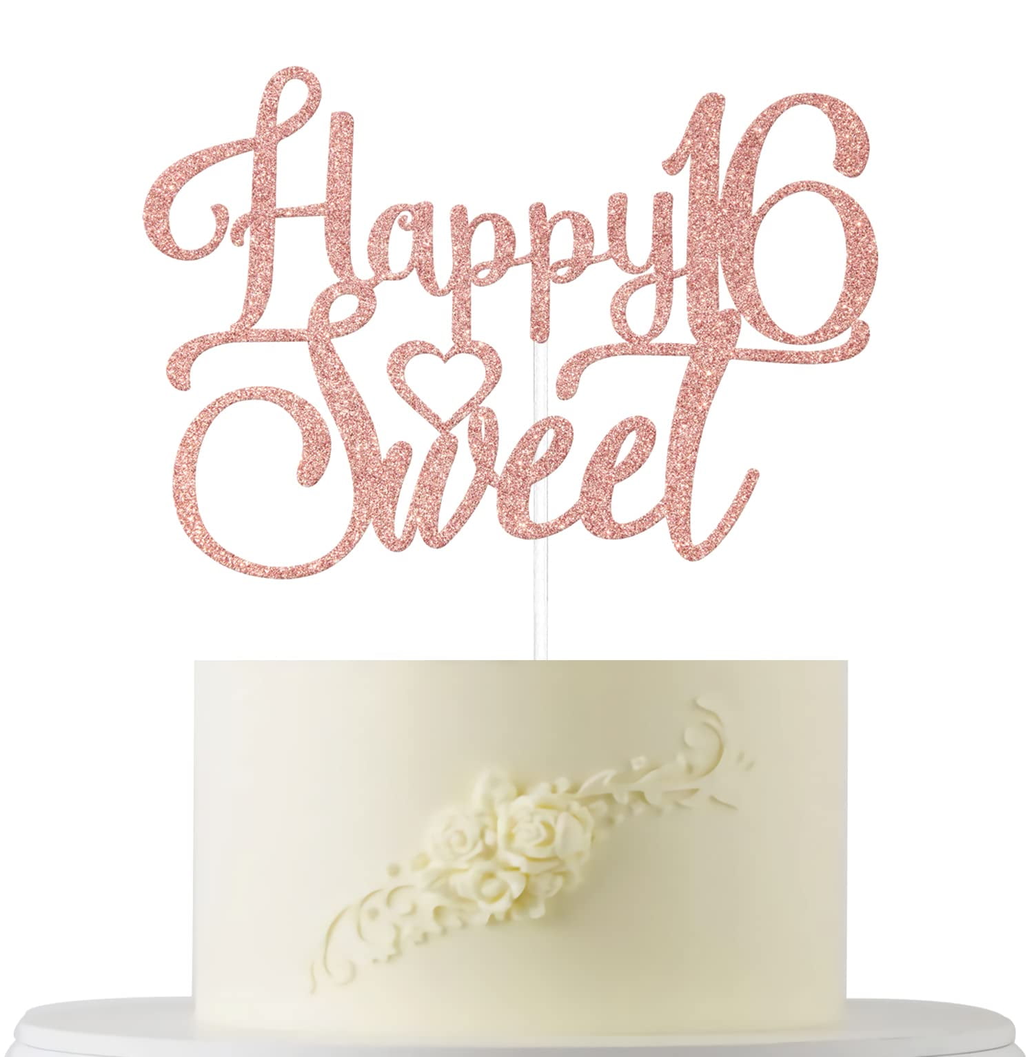 Rose Gold Glitter "Sweet 16" Cake Topper – Happy 16th Birthday Cake Pick, Non-Edible Decoration
