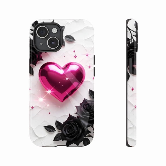 Rose Gold Heart Phone Case with Black Roses Glitter for Women Valentine’s Day Gift Compatible with iPhone 11/12/13/14/15/16 (Pro Max/Plus)