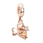 NINGAN Rose Gold Heart Winged Angel Dangle Charm for Women Moment Bracelet Necklace Pendant