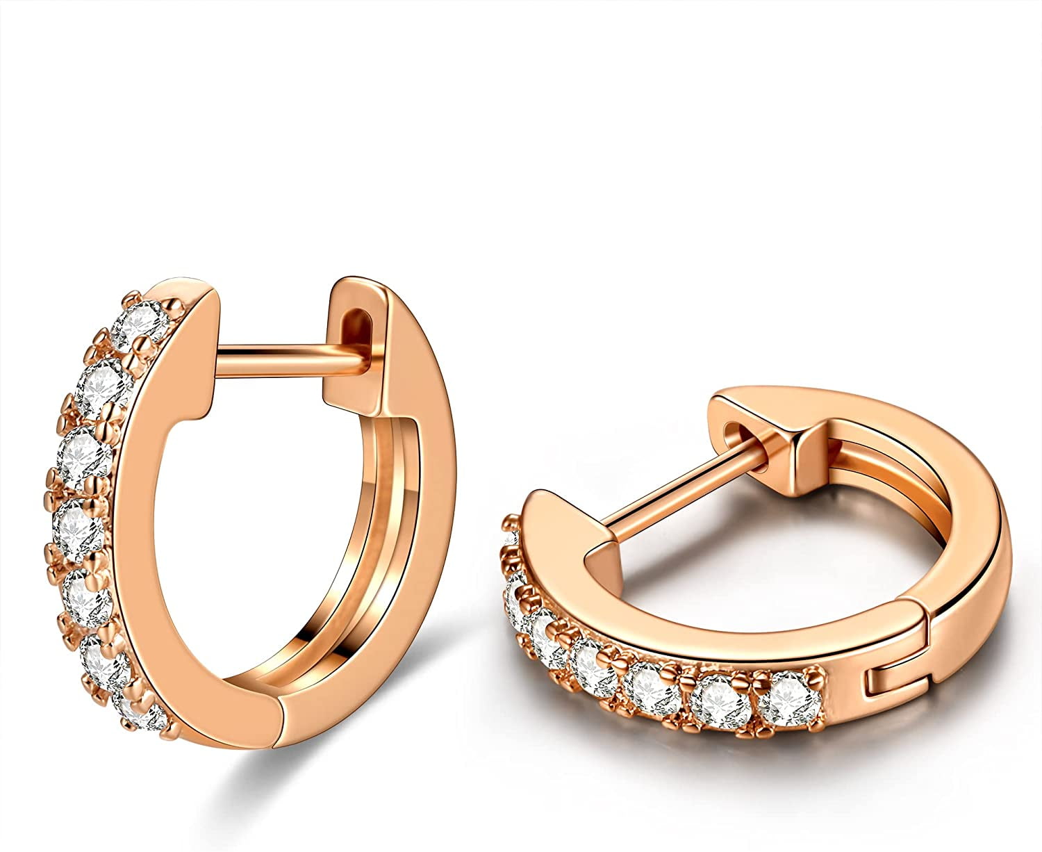 MangoFeel Rose Gold Huggie Earrings, 14K Gold Plated, Small Cubic