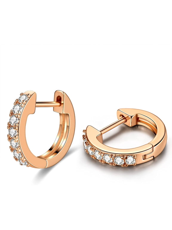 Rose Gold Huggie Earrings for Women 14K Real Gold Plated, Small Cubic Zirconia Cartilage Hoop Earrings Cuffs for Women