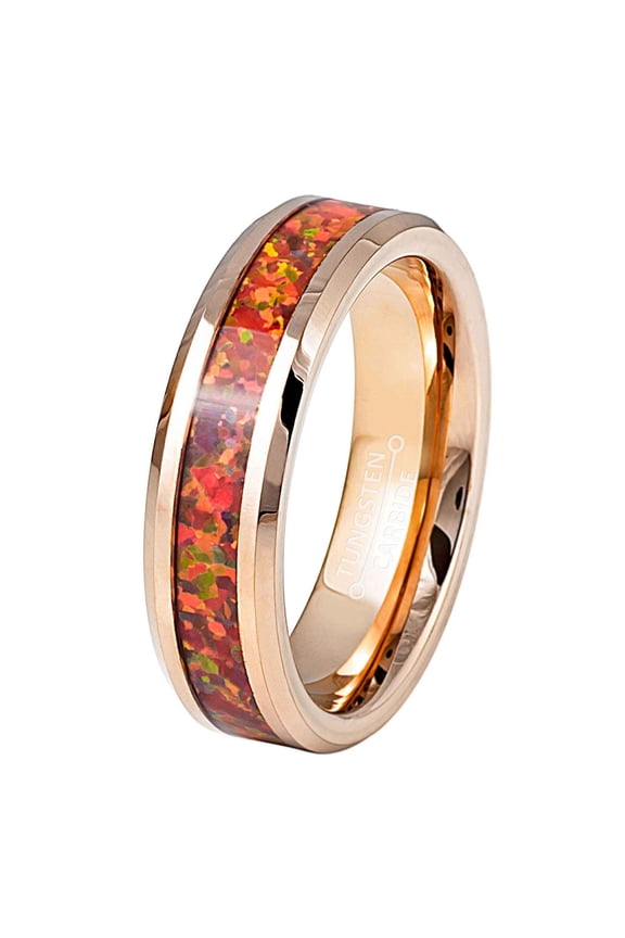 Rose Gold Tungsten Wedding Band Red Fire Opal Inlay, Beveled Edge, Comfort Fit 6MM