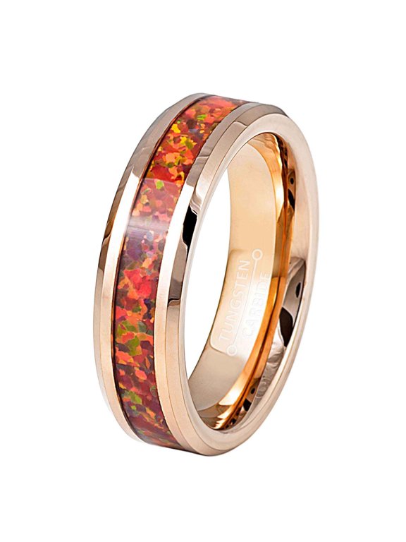 Rose Gold Tungsten Wedding Band Red Fire Opal Inlay, Beveled Edge, Comfort Fit 6MM