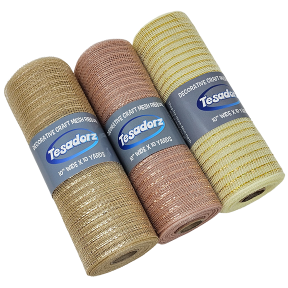 Rose Gold, Ivory and Champagne Gold 10" Decorative Metallic Deco Mesh Ribbon Rolls