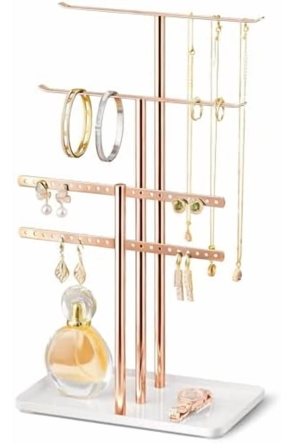 Rose Gold Jewelry Stand Holder Organizer: 14.5" Sturdy Hanger for 80 Pcs Jewelry, Jewlery Tower for Display Necklace, Earring, Bracelet, Watch