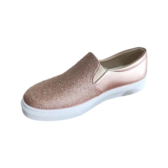 Rose Gold Ladies Round Toe Slip On Loafers Glitter Lightweight Solid Color Casual Four Season Shallow Mouth Footwear