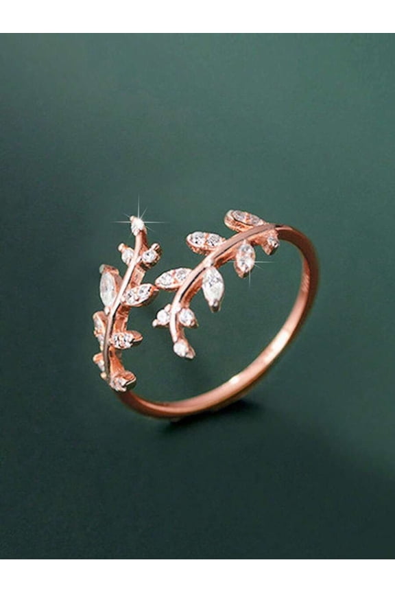 Rose Gold Leaf Vine Ring With Cubic Zirconia Stones, Adjustable Open Band