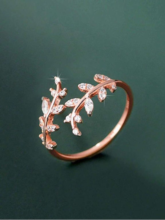 Rose Gold Leaf Vine Ring With Cubic Zirconia Stones, Adjustable Open Band