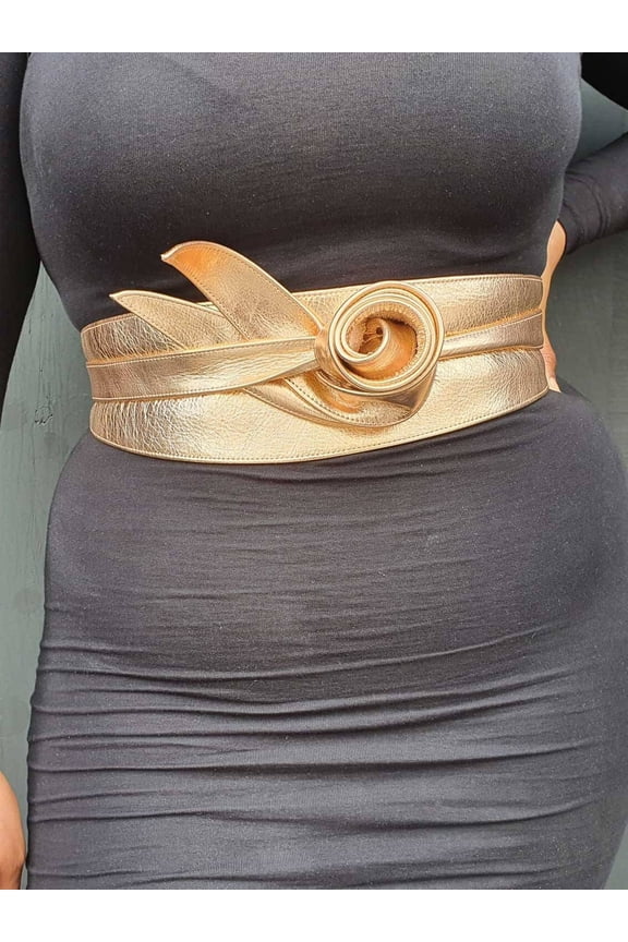 Rose Gold Leather brass buckle obi belt, metallic leather wrap belt, handmade leather belt, gift for her, long wide belt - Gitas Portal