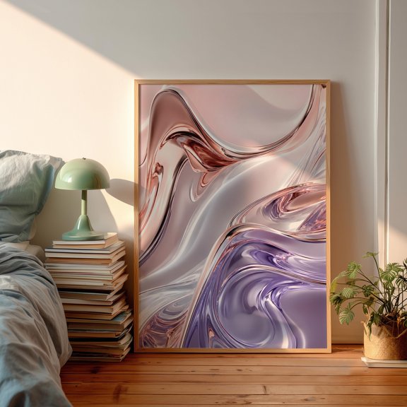 Rose Gold Liquid Chrome Poster Fluid Art Metallic Blush 3D Wave Poster , Poster Print Only