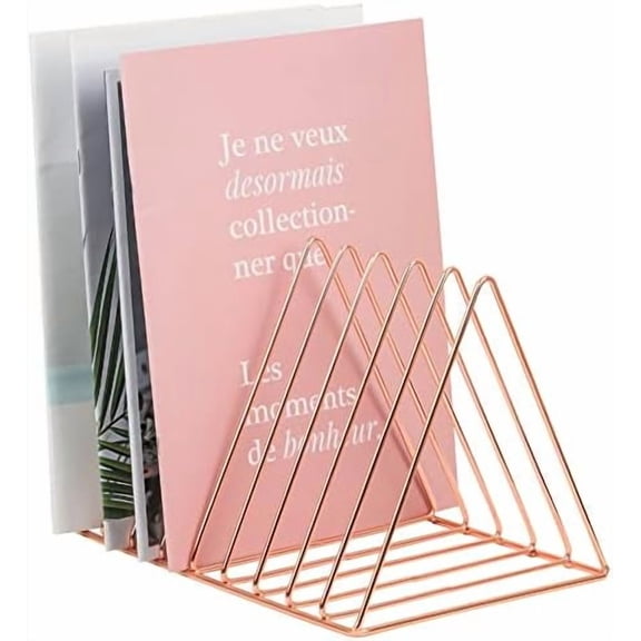 Rose Gold Magazine Holder, Desktop File Sorter Organizer Triangle 9 Slot Newspaper Record Storage Shelf Rack for Home Office Decoration