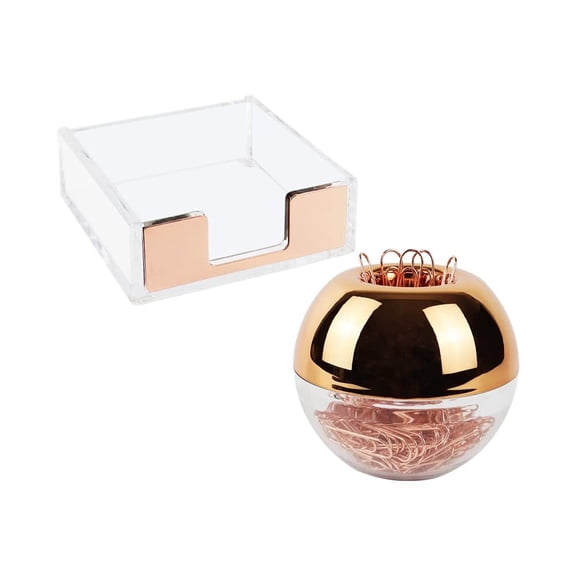 Rose Gold Magnetic Paper Clip Holder 3x3 Sticky Note Holder Set, Clear Acrylic Post a Note Dispenser and Paperclip Holder include 100 paper clips for Desktop Accessories Organizers (Rose Gold)
