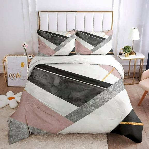 Rose Gold Marble 3D Printed Decorative Gray White Pink Black 3 Piece Bedding Set, Splicing Geometry Quilt Cover Bedding Sets for Kids Adult Teens Comforter with 2 Pillowcases, Twin(68x86in)