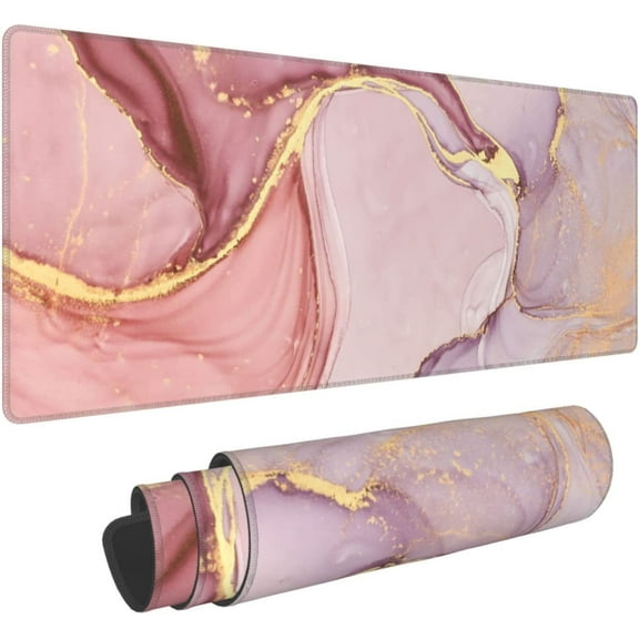 Rose Gold Marble Mouse Pad Abstract Pink Desk Mat 31.5x11.8 Inch Marbled Texture Non-Slip Rubber Base Large Rose Gold Mousepad Stitched Edges Keyboard Mouse Mat Desk Pad for Office Home Game