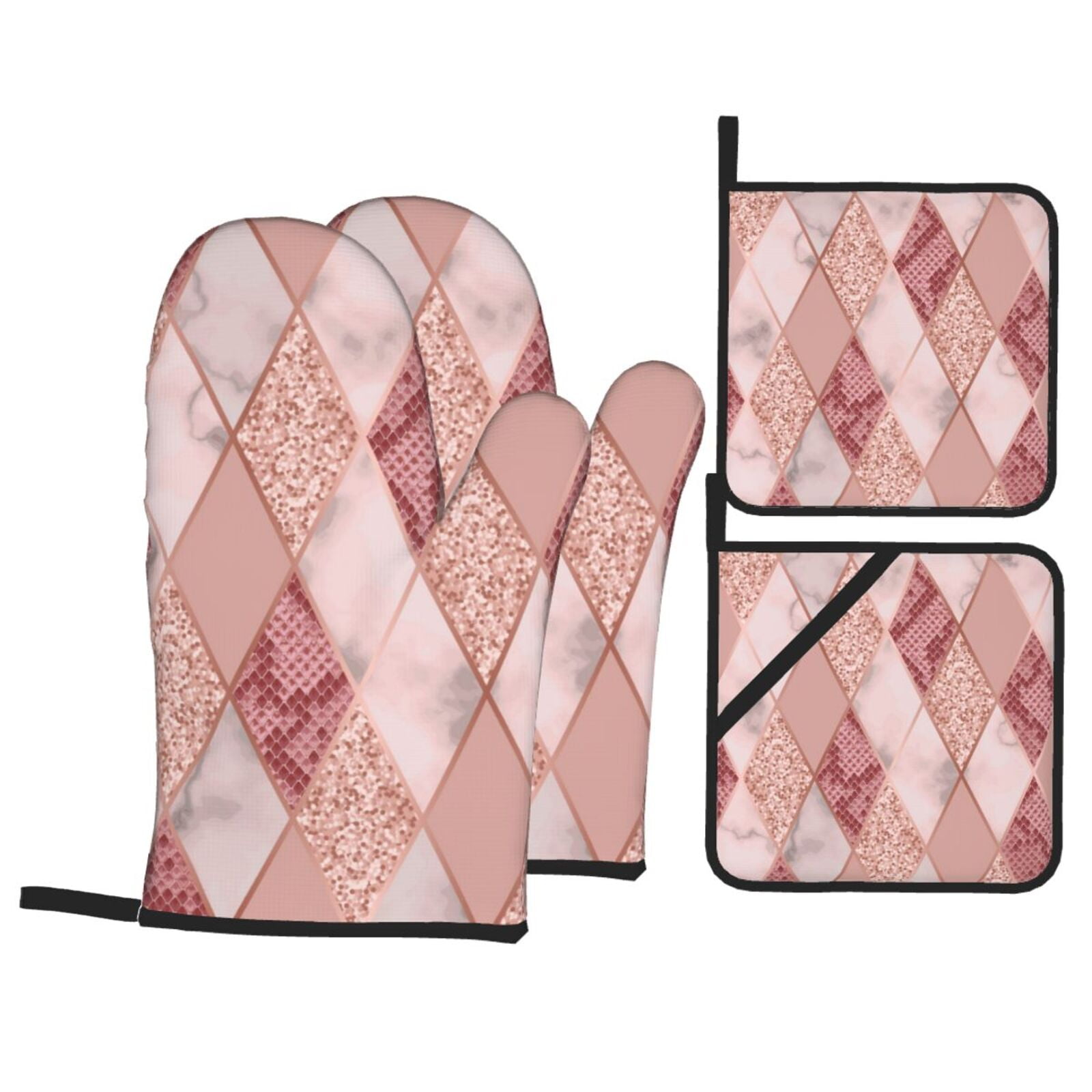 Rose Gold Marble Snakeskin Geometric 4Pcs Oven Mitts and Pot Holders Sets Oven Kitchen Gloves Hot Pads for Cooking BBQ Baking Grilling