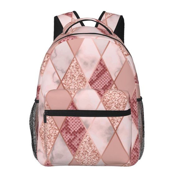 Rose Gold Marble Snakeskin Geometric Backpack Casual College Bag Zipper Laptop Daypack Hiking Rucksack Travel